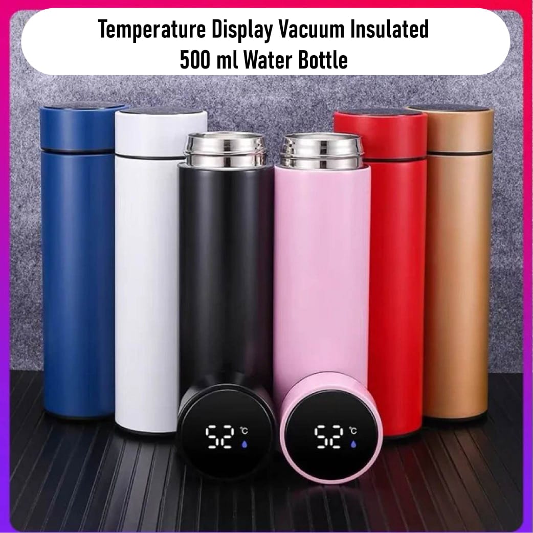 Water Bottle LED Temperature Display | Imported 500ml Stainless Steel Cold & Hot Water Bottle for Boys Girls & Kids, Sports & Gym | Thermos Flask | (Half Liter)