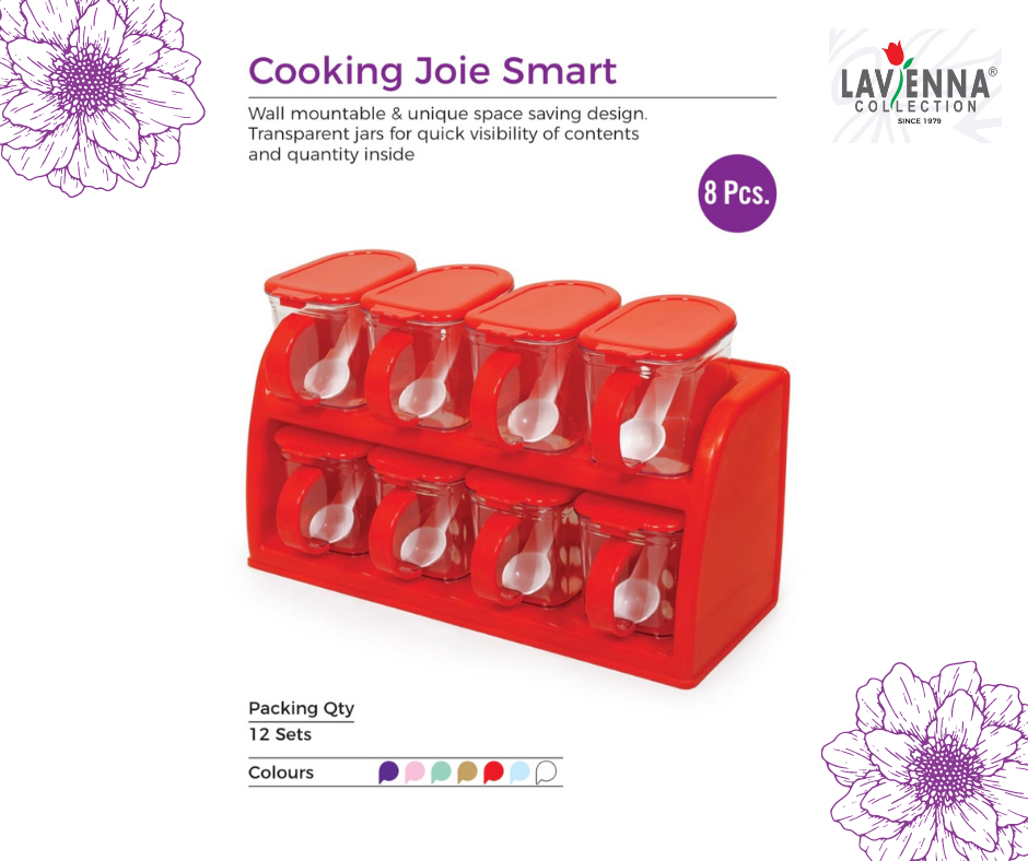 Wall Mountable Cooking Joie Smart Spices Storage 8 Jars Rack with 8 Spoons Multicolour