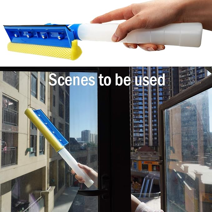 Tinymori Car Window Cleaner Squeegee with Sponge and Rubber Blade Cleaning Tool Wiper with Spray Bottle 3 in 1 Multipurpose | for Indoor and Outdoor, Home, Car Window, Glass (1 Pack)