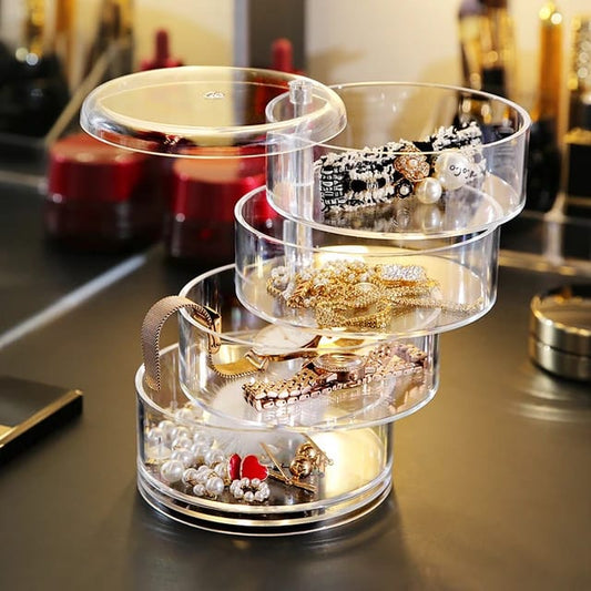 Rotating Jewelry Organizer with Lid Transparent | Rings Necklace Bracelets Holder | 360 Rotating Makeup Organizer 5 Layer