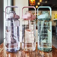2L Portable Water Bottle Large Capacity Plastic Straw Water Cup Drink Bottle With Time Marker For Outdoor Sports Fitness